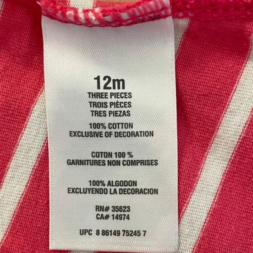 Carters Baby Girls 12 Months Pink White Striped Top w/ Blue Bow Short Sleeve